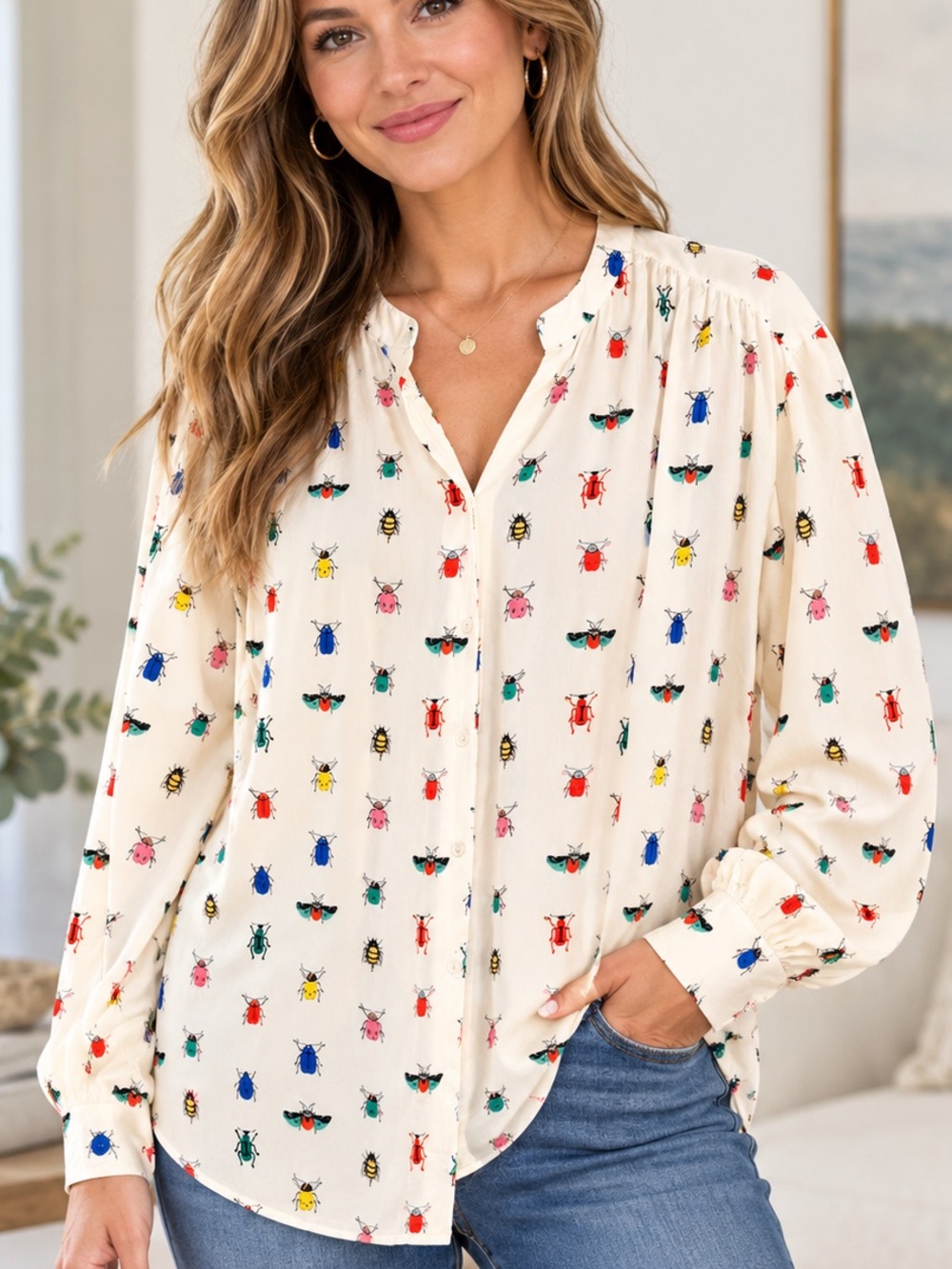 Signals Women’s 1X Vanilla Multicolor Bug Print Rayon Blouse Long Sleeve